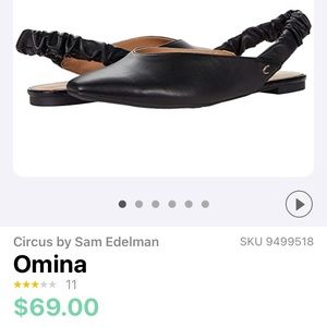 Circus by Sam Edelman Omina Black Pointed Toe Ruched Slingback Strap Flats Sz 7